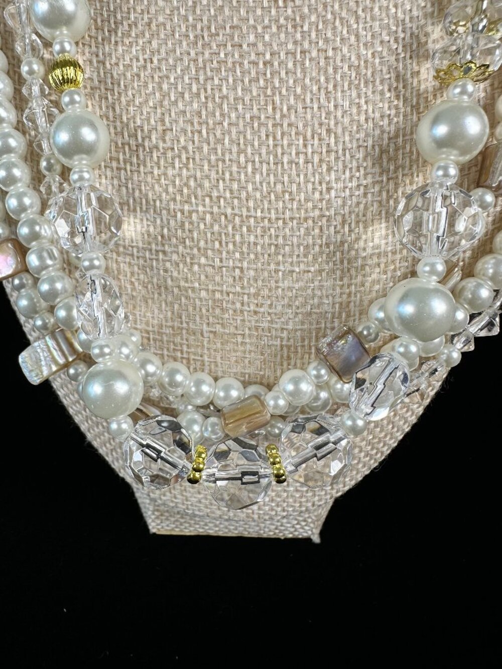 Premier Designs Daydream Necklace 4 Strand Faux Pearl Crystal Shell Gold Tone